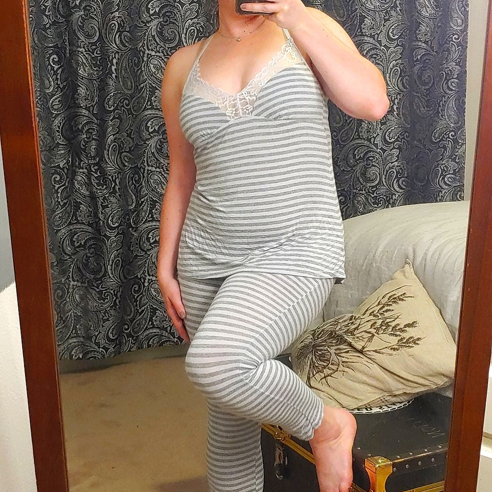 Striped Pajama Set with Lace & Racerback